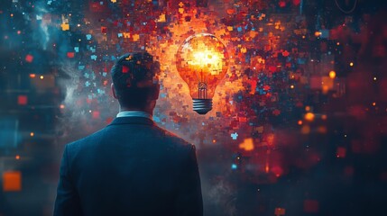 A silhouette of a man stands before a glowing light bulb, surrounded by vibrant colors and patterns, symbolizing creativity and inspiration.