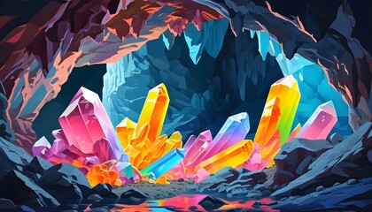 Enigmatic cave of color-shifting crystals revealing history and prophecy, blending elegance with fantasy in a striking graphic design illustration