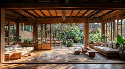 Wall Mural - Cozy wooden interior with open space and lush greenery outside.