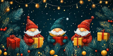 A charming holiday scene featuring three Christmas gnomes dressed in cozy, patterned winter hats and sweaters.