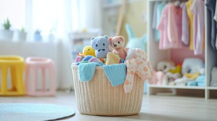 Aufkleber - Brightly lit room showcases a laundry basket brimming with colorful kids’ clothes and soft toys, creating a playful atmosphere. Generative AI