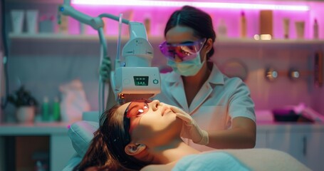 a middle-aged woman undergoes a photorejuvenation procedure at a cosmetology clinic. a cosmetologist