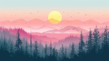 Wall Mural - Pink Sunset over Misty Mountains