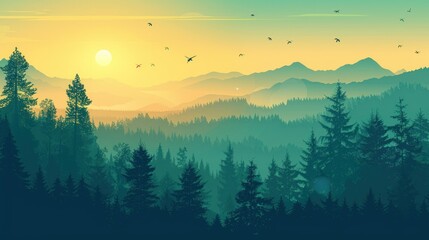 Wall Mural - Sunrise Over the Misty Mountain Forest