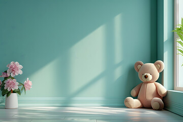 Wall Mural - A plush teddy bear sits in the corner of a room with a mint green wall and white wood floors. There are pink flowers in a white vase in the left corner.