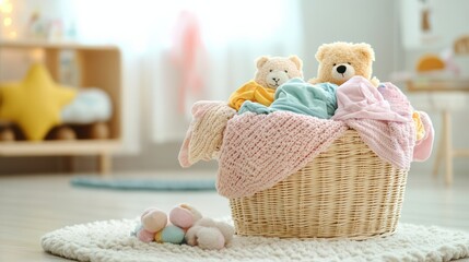 Aufkleber - The laundry basket brims with colorful children's garments and cuddly toys, filling the sunny room with warmth and joy. Generative AI