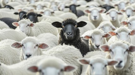 Poster - A herd of sheep with one black sheep standing out