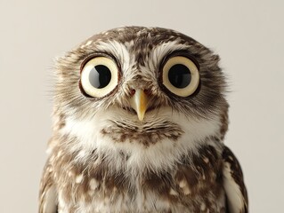 A small owl with brown and white feathers is staring at the camera