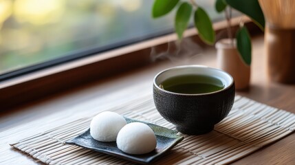 A serene scene featuring a bowl of green tea with two dumplings on a plate, set against a tranquil background with natural light.