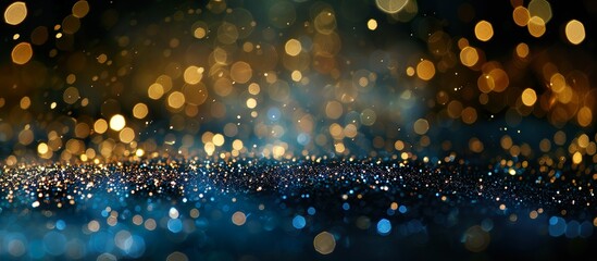 Blurred bokeh abstract blue and gold background with a lot of silver glitter, sparkles, and lights.