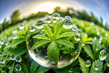 Fisheye dew on green plants, nature conservation symbol