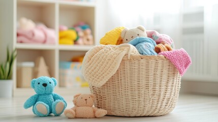 Aufkleber - A laundry basket overflowing with vibrant children's clothing and cuddly toys brightens up a sunlit room, creating a cheerful atmosphere. Generative AI