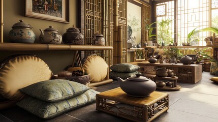 Home office with an Asian tea house theme, featuring bamboo furniture, silk cushions, and a collection of traditional teapots Serene and cultural