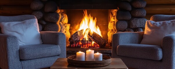 A cozy living space featuring two armchairs near a roaring fireplace, surrounded by candles, creating a warm and inviting atmosphere.