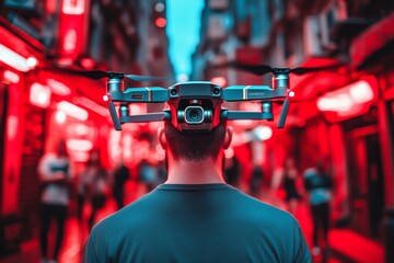 Canvas Print - Man walking in a crowded neon lit alley with a drone hovering above showing the integration of futuristic drone delivery technology into fast paced urban environments