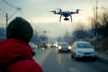 Canvas Print - Drone flying above a busy city street on a rainy day delivering a package while a person in a red jacket watches illustrating efficient urban logistics under challenging conditions