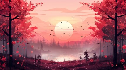 Wall Mural - Sunset Landscape with Red Trees