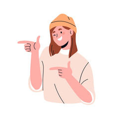 Poster - Happy young girl pointing with index fingers sign, hand gesture. Excited smiling woman choosing, showing, selecting, advertising best option. Flat vector illustration isolated on white background