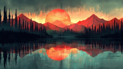 Wall Mural - Digital Sunset Over Mountain Lake