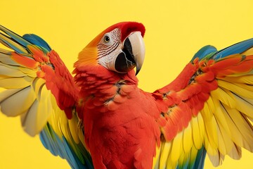 A colorful parrot with a red and yellow wing is standing on a yellow background