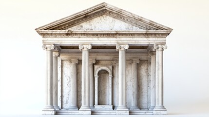 Ancient Greek and Roman architectural temple with columns, a roof, and an arched frame. The temple is made of white marble and is isolated on a background.