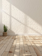 Wall Mural - Sunlight streams through a window, casting shadows on a white brick wall and a light wood floor.