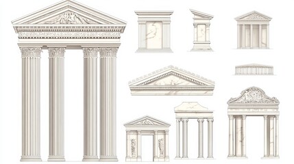 Wall Mural - ancient greek or roman marble columns, pediments, and vintage architecture. linear vector illustrati