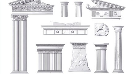 Wall Mural - ancient greek or roman marble columns, pediments, and vintage architecture. linear vector illustrati