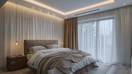 Wall Mural - Bright modern bedroom with soft natural tones, sheer curtains, and recessed lighting