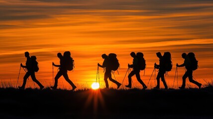 Hikers silhouette trekking during sunset, vibrant sky, adventure and exploration.