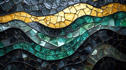 Angular art deco mosaic wall, sea glass in glossy black, gold, and emerald green, resembling sharp waves breaking on a golden-lit shoreline