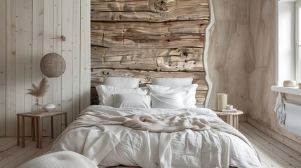 Wall Mural - Chic bedroom with minimalist furniture, soft linens, and a feature wall made of natural wood