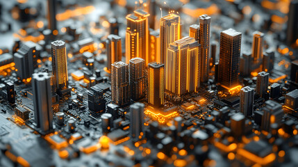 3D-Printed Circuit Board Cityscape Featuring Skyscrapers and Intricate Designs, Blending Technology and Urban Architecture, Ideal for Illustrating Innovation in Modern City Planning and Sustainable De