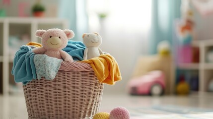 Poster - A laundry basket brimming with assorted children's clothing and beloved plush toys in a sunlit, inviting space. Generative AI