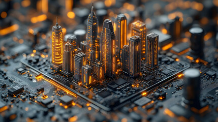 3D-Printed Circuit Board Cityscape Featuring Skyscrapers and Intricate Designs, Blending Technology and Urban Architecture, Ideal for Illustrating Innovation in Modern City Planning and Sustainable De