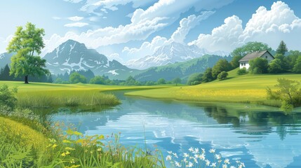 Wall Mural - Tranquil Mountain Landscape with River and House