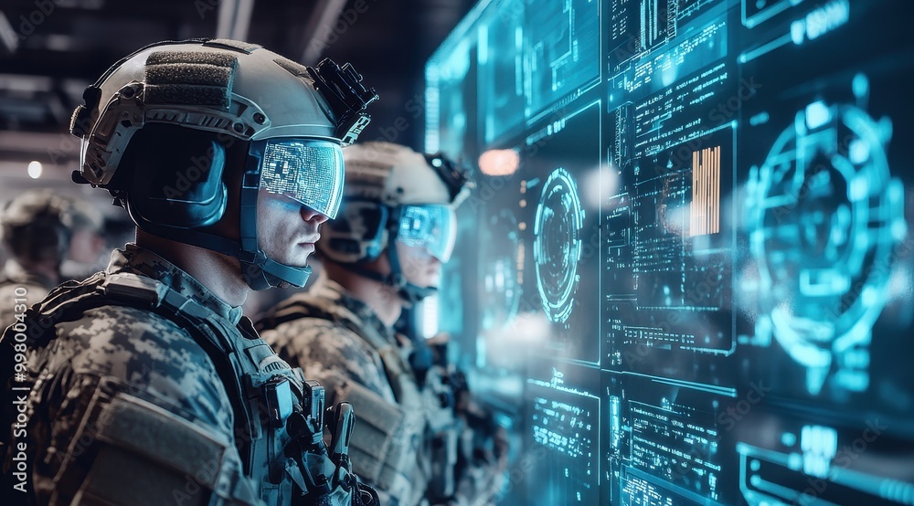 Soldiers wearing advanced tactical gear and helmet visors with ...