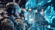 © saichon - Soldiers wearing advanced tactical gear and helmet visors with holographic displays, standing in front of an AI interface displaying military data on digital screens,