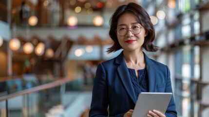 Poster - confident woman in blue suit holds tablet, smiling in modern office environment with blurred lights in background. Her expression conveys professionalism and approachability