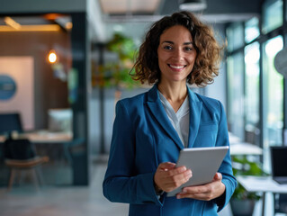 Poster - confident woman in blue suit holds tablet, smiling warmly in modern office environment. bright space features greenery and contemporary decor, creating inviting atmosphere