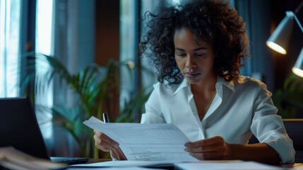 Poster - focused woman reviews important documents at her desk, surrounded by plants and soft lighting, creating calm and productive atmosphere