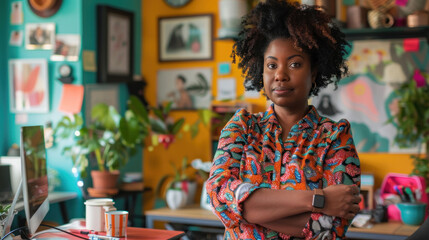 Fototapete - confident woman stands in vibrant workspace filled with plants and colorful decor, showcasing her unique style and creativity
