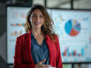 Aufkleber - confident woman in red blazer stands in front of data charts, smiling warmly. She embodies professionalism and engagement in modern office setting