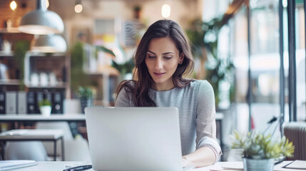 Poster - woman is focused on her laptop in modern cafe, surrounded by plants and cozy atmosphere, reflecting productive work environment
