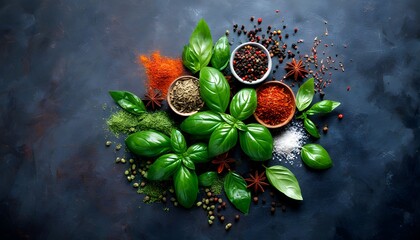 Wall Mural - colorful array of spices and fresh basil leaves on a dark culinary backdrop