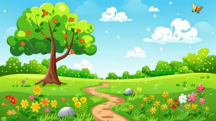 Wall Mural - A Picturesque Path Through a Lush Green Meadow