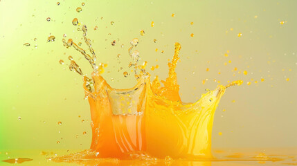 Poster - Refreshing splashes of orange juice create vibrant scene, showcasing dynamic movement of liquid against soft green background. energy and brightness evoke sense of joy and vitality