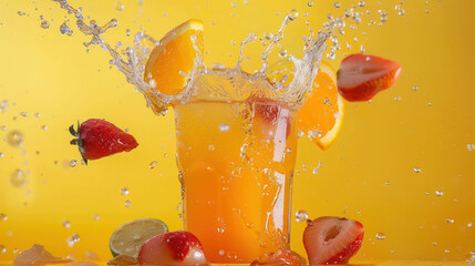 Poster - Refreshing orange juice splashes in glass, surrounded by vibrant strawberries and citrus slices, creating lively and joyful scene. bright yellow background enhances cheerful atmosphere