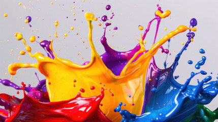 Poster - Vibrant splashes of paint in various colors create dynamic and energetic scene, showcasing beauty of creativity and artistic expression. vivid hues of yellow, purple, red, and blue blend together,