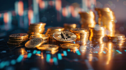 Poster - Digital currency and cryptocurrency are represented by Bitcoin coins stacked on financial chart background, symbolizing investment and market trends